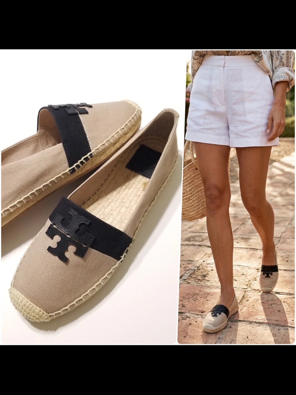 Tory Burch Weston Flat Espadrille Canvas-Leather Natural-Black Size 7